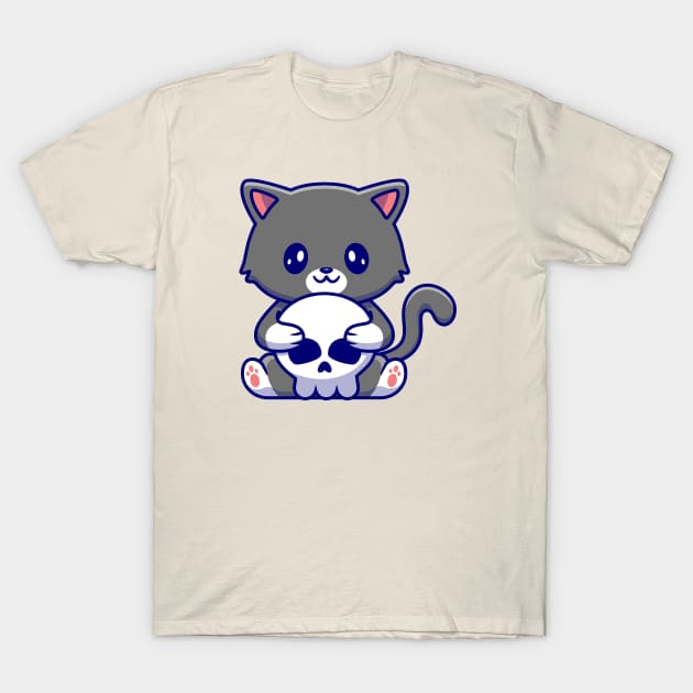 Cute Cat Holding Skull Bone Cartoon T-Shirt by Catalyst Labs